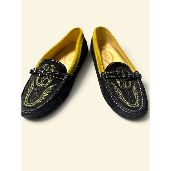 Tod's Shoes - Tod's Driving Loafers Size 8.5 Black Yellow Suede Embroidered Made Gommino Italy
